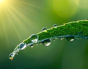 Close-up of dewdrops on a green leaf, with sunlight shining