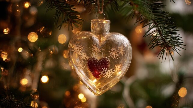 Romantic heart-shaped glass Christmas ornament with red glitter and snowflakes, hanging on a fir branch illuminated by warm golden bokeh lights, festive close-up.