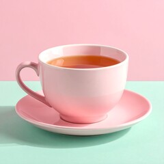 Fototapeta premium Aesthetic Pink Tea Cup on Saucer with Pastel Background.