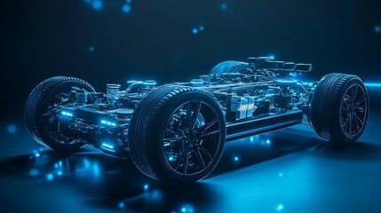 Stylized x-ray of electric car showcasing suspension system on blue lights background