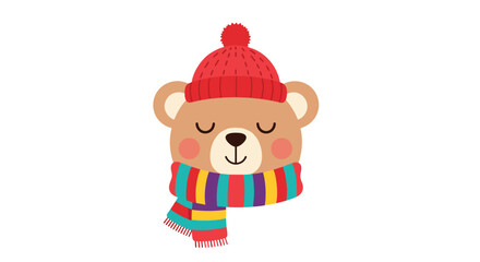 Fototapeta premium A charming illustration of a happy cartoon bear wearing a cozy red winter hat and a vibrant striped scarf, perfect for winter themes and children's designs.