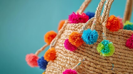 Summer-inspired straw bag with colorful pom poms