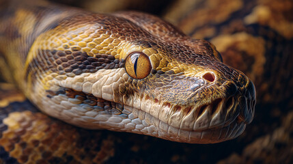 Obraz premium Close up of a reticulated python head showing scales and eye with textured skin and dark background