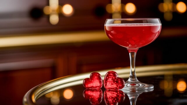 Romantic Cocktail with Heart-Shaped Ice Cubes in a Bar