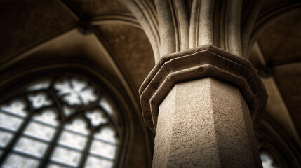 keystone. Stone intersection of Gothic church vault, architectural detail with soft light. real-estate listings.