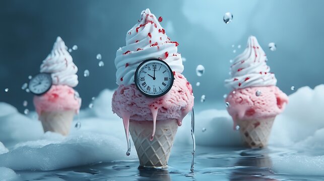 Surreal ice cream with dripping clocks - Powered by Adobe