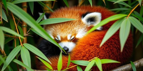 Adorable red panda curled up sleeping amongst bamboo leaves, animal, bamboo