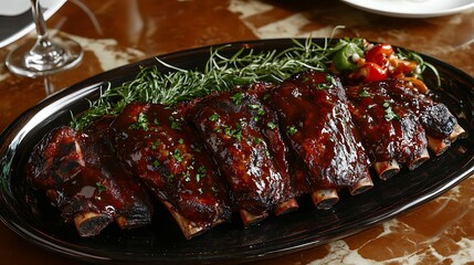 Sweet and tangy BBQ ribs on a platter