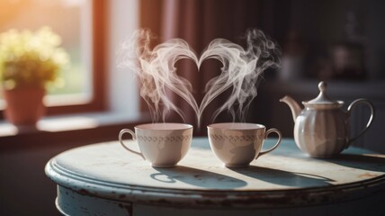 Romantic Tea Cups with Heart Shaped Steam in Garden Light