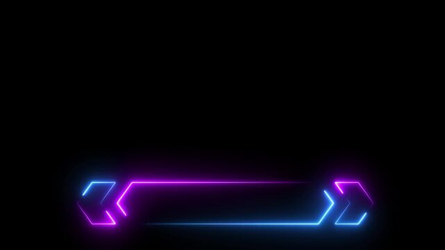 Dual-color neon geometric shape with arrows, blue and purple, on black Keywords: blue, purple, neon, glow, glowing, geometric, shape, arrows, horizontal, bar, frame, border, modern, futuristic