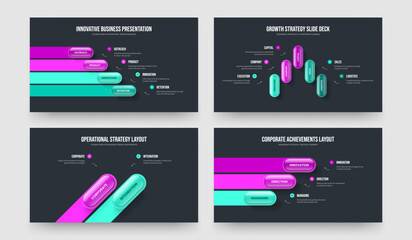 Advertising Strategy Four Five Two Three Option Diagram Slideshow Layout Vector Illustration Collection. Creative Analysis 4 5 2 3 Element Infographic Slide Design Set.