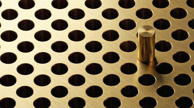 Brushed brass modular grid system with orange LED indicator.