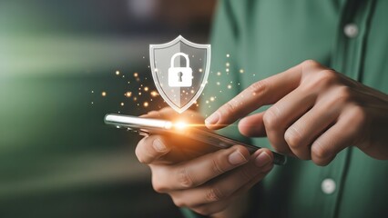 Mobile security concept person using smartphone with shield and lock icon overlay