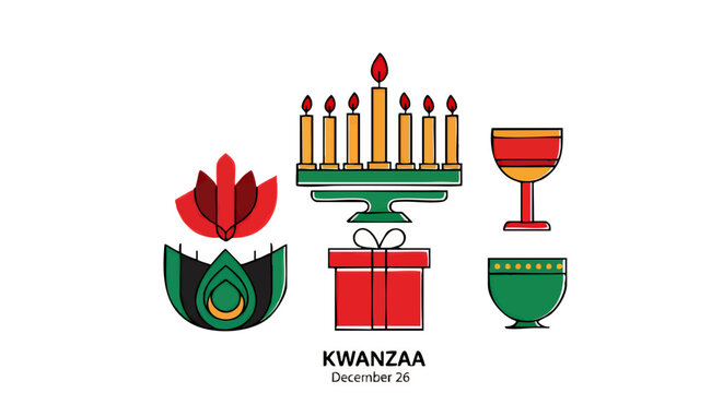 Kwanzaa illustration featuring kinara with lit candles, mkeka, kikombe cha umoja, zawadi, and mazao on a white background.