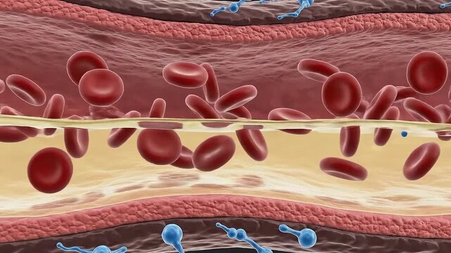Close up microscopic view of red blood cells flowing through a constricted artery with fatty plaque buildup and blue particles symbolizing disease or
