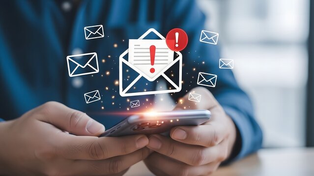 Man using smartphone with email notification icons representing spam or urgent messages - Powered by Adobe