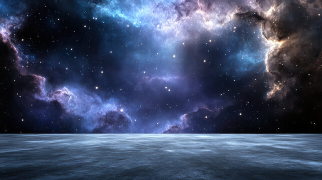 Galaxy nebula space horizon with starfield and glowing violet cloudscape