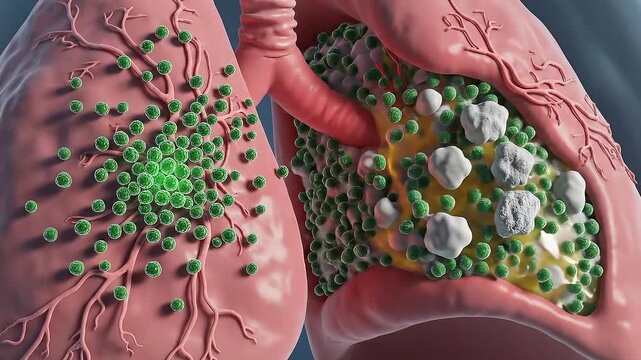 Close up of 3D anatomical illustration of human lungs showing green viral infection spreading through bronchi and alveoli with cloudy white inflammation and