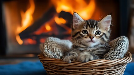 Sweet fluffy kitten nestled in a wicker basket by the fireplace on blue background