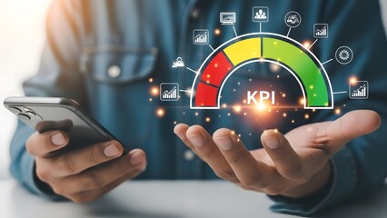 Man holding phone with kpi gauge hologram displayed in hands for business analysis