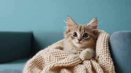 Sweet fluffy kitten nestled on a cozy couch with a blanket on blue background