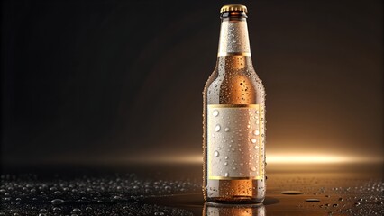 bottle of beer on a black background.Cold Glass Beverage Bottle with Condensation and Blank Label Space Captured in Refreshing High-End Product Scene