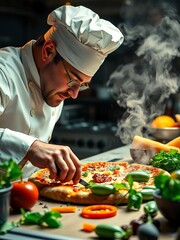 Master chef expertly crafting a gourmet pizza with fresh ingredients,  artisanal,  food