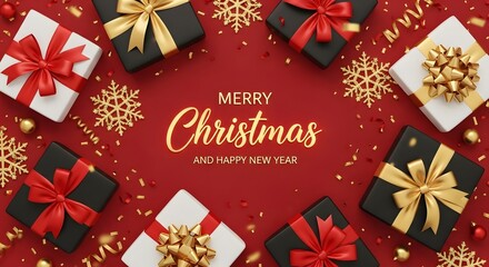 Christmas gifts, gold snowflakes, confetti on red background