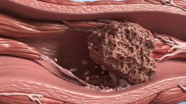 Close up of a Medical Tumor Growing Within Muscle Tissue Showing Healthy Pink Muscles Surrounding a Large Irregularly Shaped Reddish Brown Mass Under Dramatic