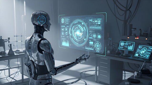 A highly advanced humanoid robot interacts with a glowing holographic interface inside a modern, high-tech laboratory. The scene features futuristic scientific equipment, blue digital displays, and a 