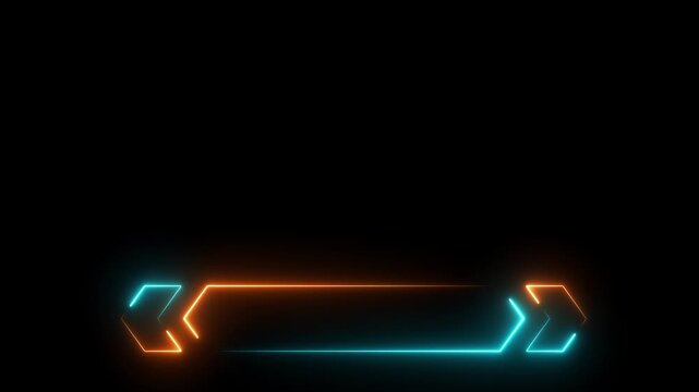 Cyan and orange neon geometric shape with arrows on a black background Keywords: cyan, orange, neon, glow, glowing, geometric, shape, arrows, horizontal, bar, frame, border, modern, futuristic
