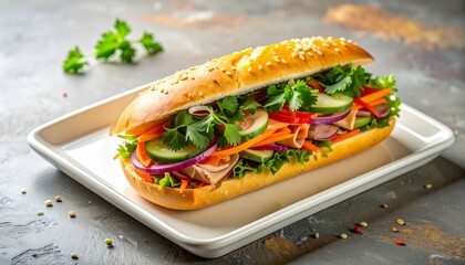 Vietnamese Banh Mi Sandwich with Fresh Vegetables and Herbs on a White Plate.