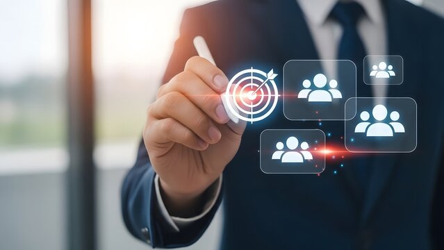 Businessman targeting customers with digital interface for business growth and success