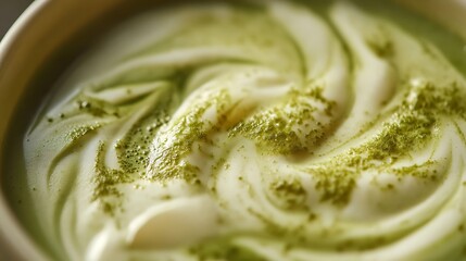 Sweetened iced matcha with a creamy swirl