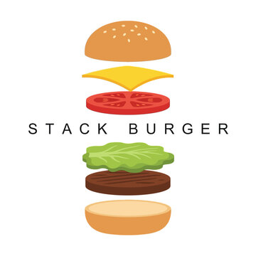 Exploded view of a burger with ingredients separated, labeled as "STACK BURGER".