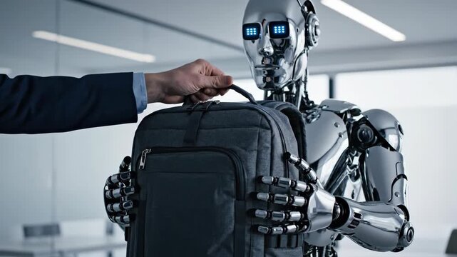 Robot receiving backpack in modern office setting illustrates humanai interaction dynamics