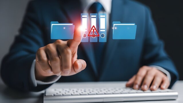 Businessman interacting with digital files and data management system on a virtual interface