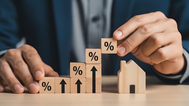 Man building percentage blocks next to a house model representing increasing interest rates