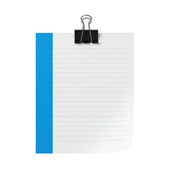 Lined paper notepad with blue margin and binder clip on white isolated on transparent background