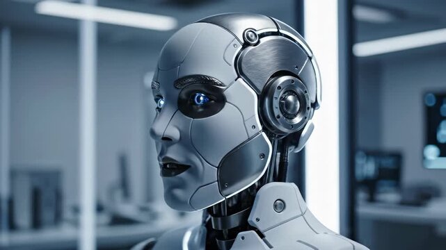 Advanced humanoid robot in futuristic lab analyzing environment with dynamic camera angles
