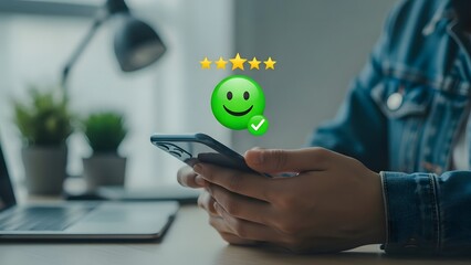 Customer feedback experience person using smartphone with positive review and five stars