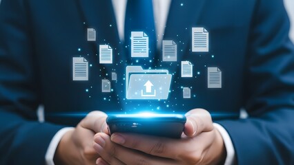 Businessman using smartphone to upload documents to cloud storage platform