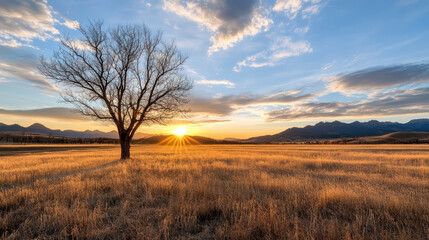 Fototapeta premium Lonely tree sunrise over golden field with peaceful sky and warm light