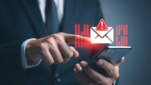 Man receives email alert on phone indicating a security breach or phishing attempt