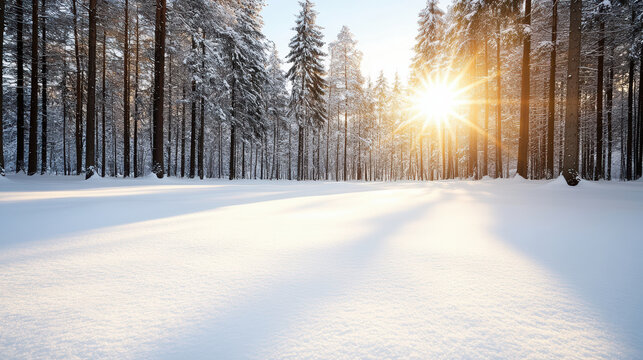 Sunrise winter forest snow field sunlight warmth - Powered by Adobe