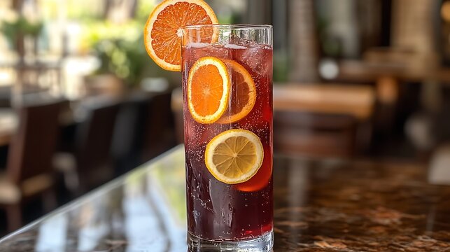 Tall glass of sangria with floating citrus wheels