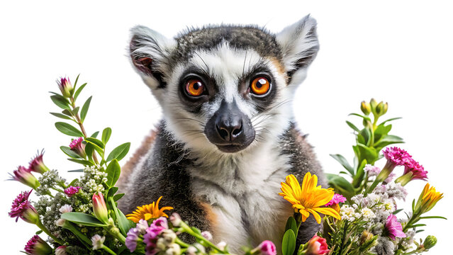 A bright and cheerful portrait of a ring-tailed lemur amongst vibrant spring flowers - Powered by Adobe