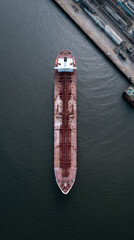 Fototapeta premium Aerial view oil tanker docking harbor industrial calm water scene with quiet power