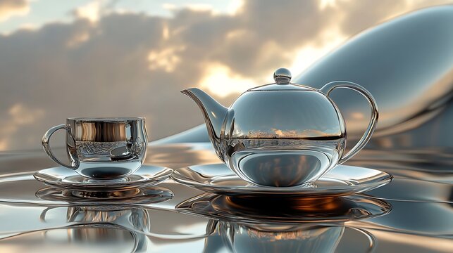 Tea cup and teapot in a futuristic metallic design