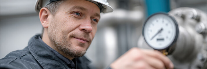 Industrial engineer safety helmet pressure gauge inspection focus